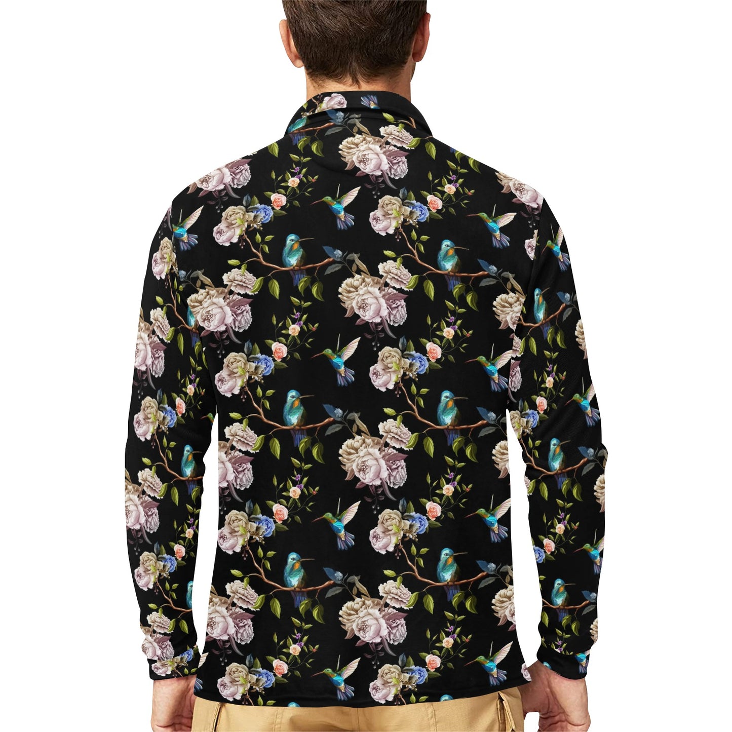Hummingbird Flower Themed Print Long Sleeve Polo Shirt For Men's