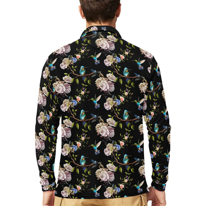 Hummingbird Flower Themed Print Long Sleeve Polo Shirt For Men's