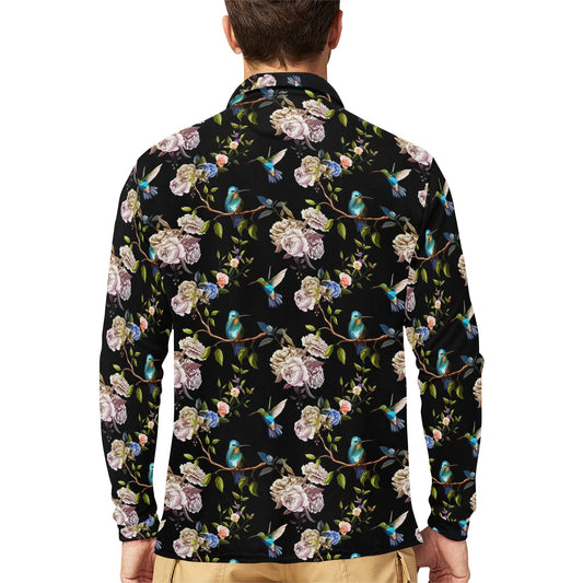 Hummingbird Flower Themed Print Long Sleeve Polo Shirt For Men's