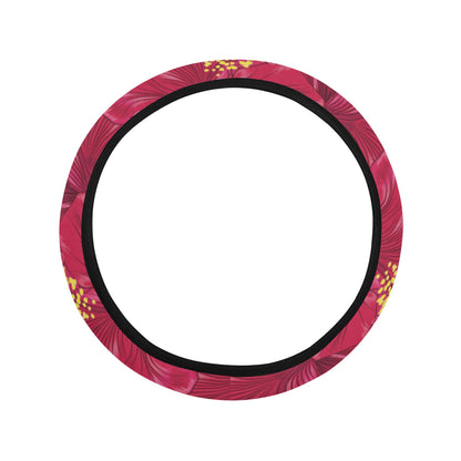 Hibiscus Red Pattern Print LKS308 Steering Wheel Cover with Elastic Edge