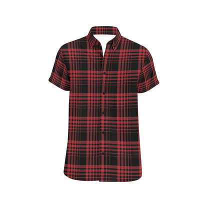 Tartan Red Black Print Design LKS303 Men Short Sleeve Button Up Shirt
