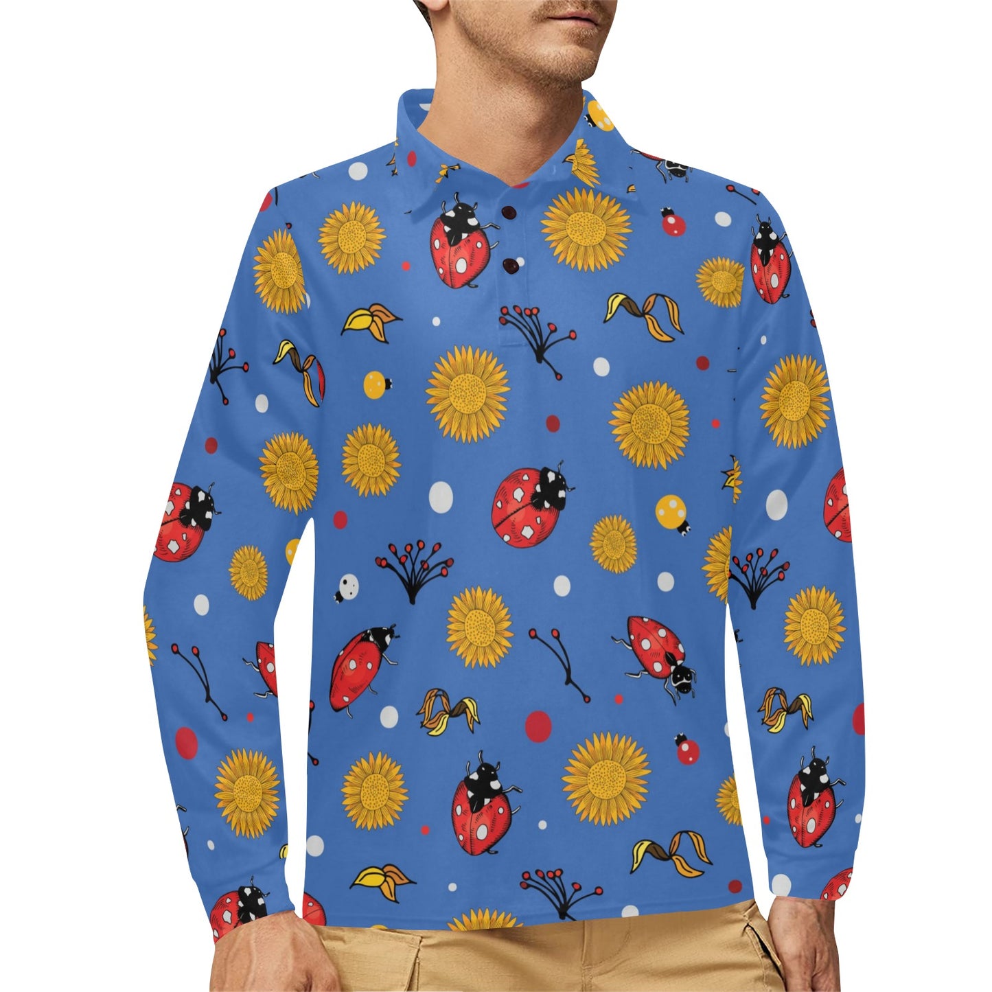Ladybug Pattern Print Design 05 Long Sleeve Polo Shirt For Men's