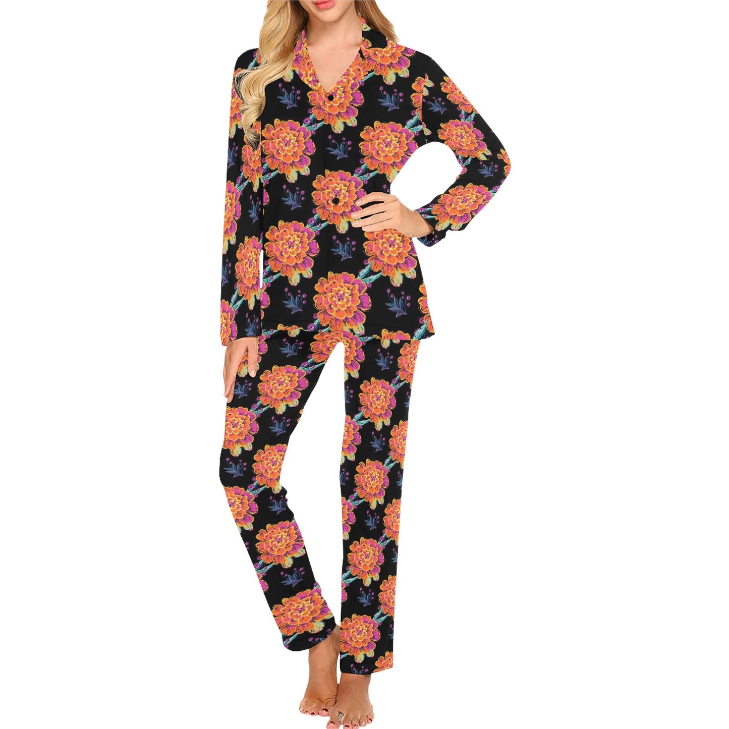 Marigold Pattern Print Design MR04 Women's Long Pajama Set