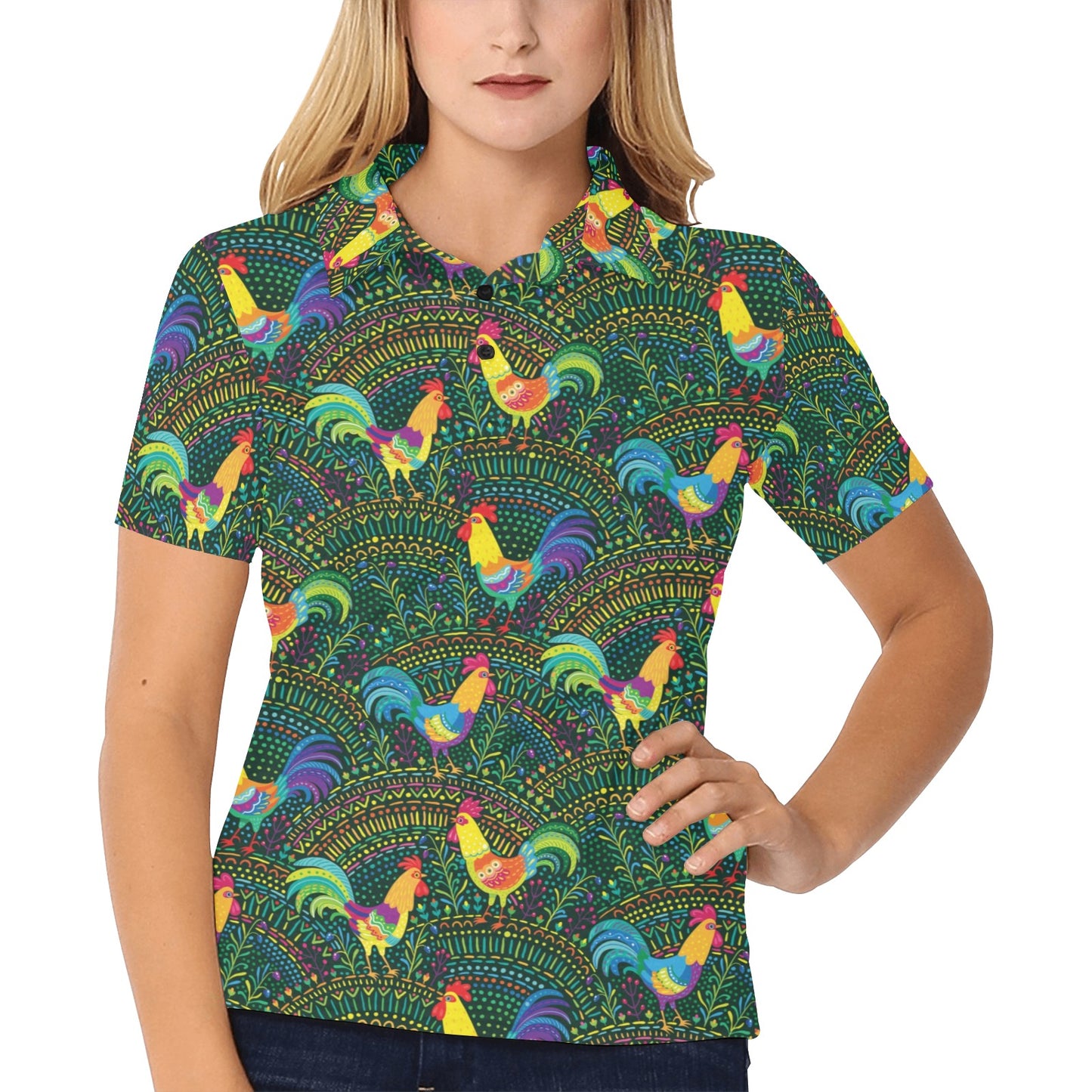 Rooster Pattern Print Design A01 Women's Polo Shirt