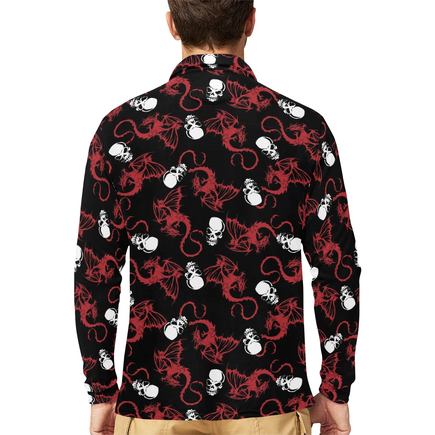 Skull With Red Dragon Print Design LKS304 Long Sleeve Polo Shirt For Men's