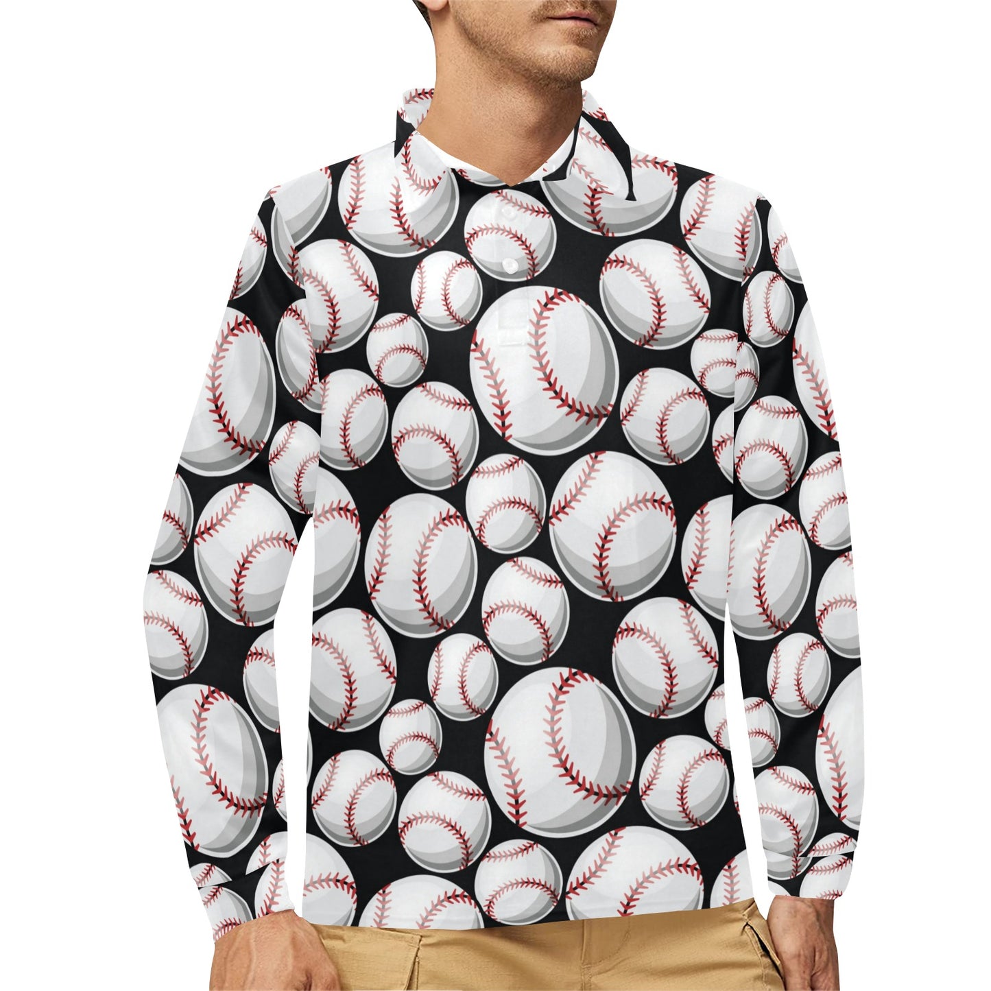 Baseball Black Background Long Sleeve Polo Shirt For Men's