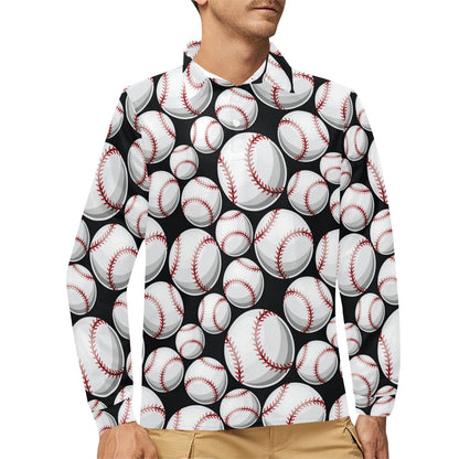 Baseball Black Background Long Sleeve Polo Shirt For Men's