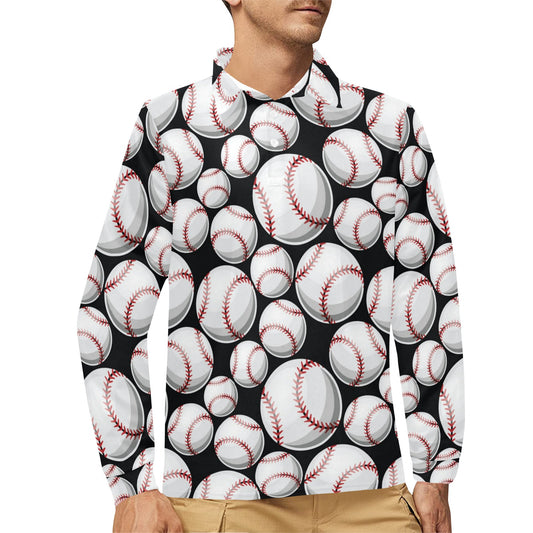 Baseball Black Background Long Sleeve Polo Shirt For Men's