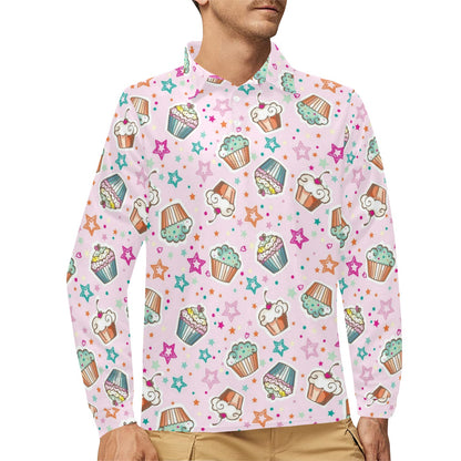 Cupcake Pattern Print Design CP03 Long Sleeve Polo Shirt For Men's