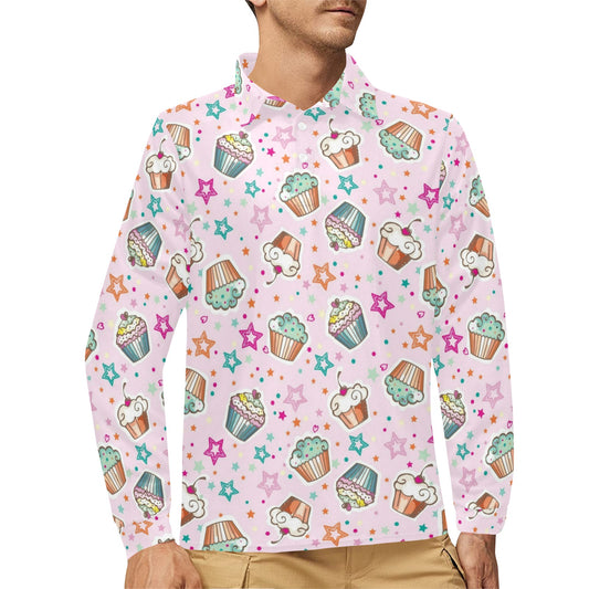 Cupcake Pattern Print Design CP03 Long Sleeve Polo Shirt For Men's