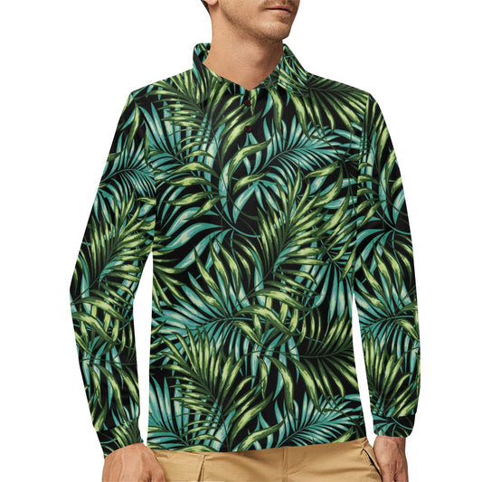 Tropical Flower Pattern Print Design TF08 Long Sleeve Polo Shirt For Men's