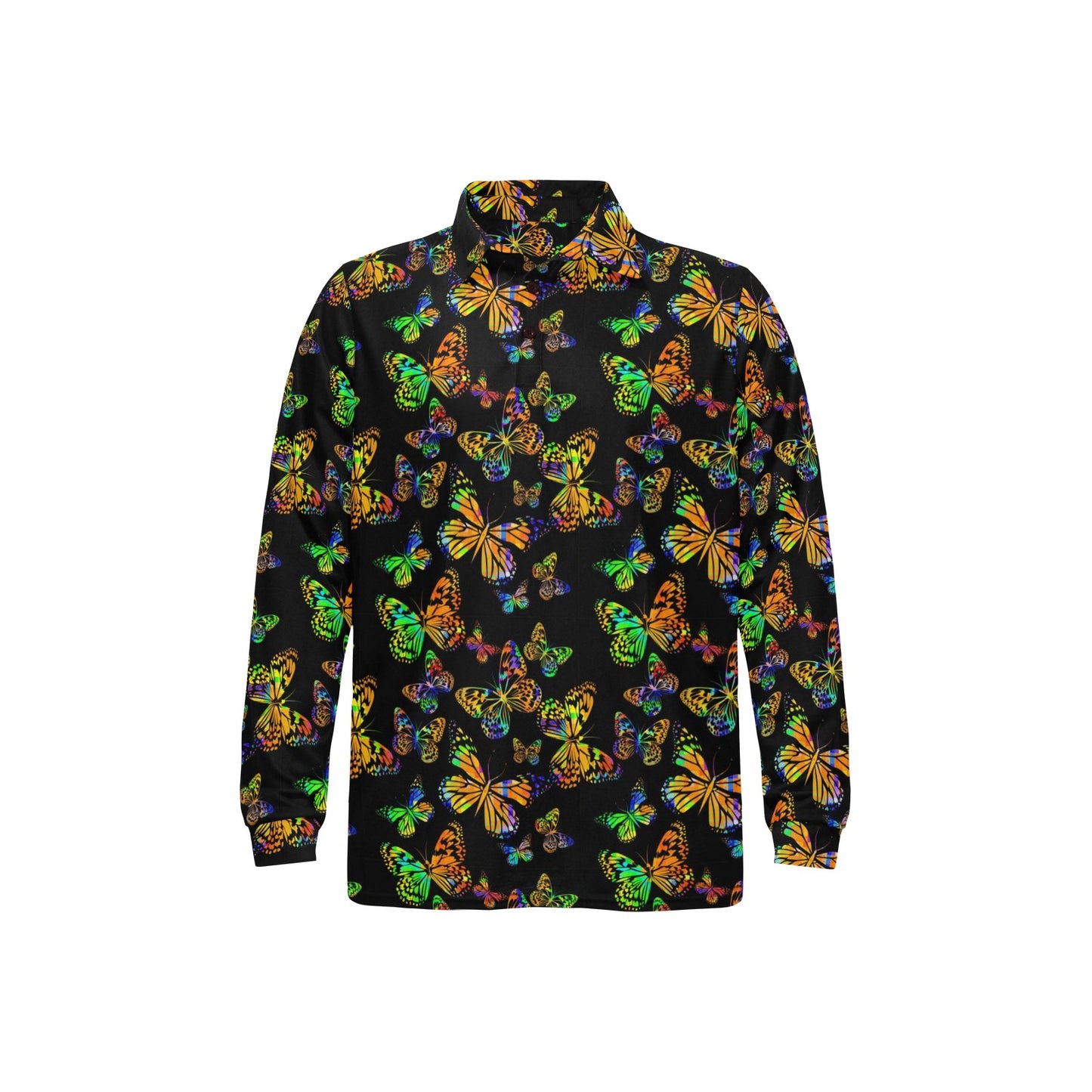 Butterfly Neon Color Print Pattern Long Sleeve Polo Shirt For Men's
