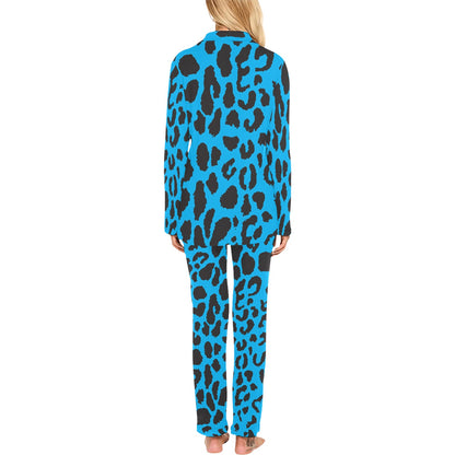 Cheetah Blue Print Pattern Women's Long Pajama Set