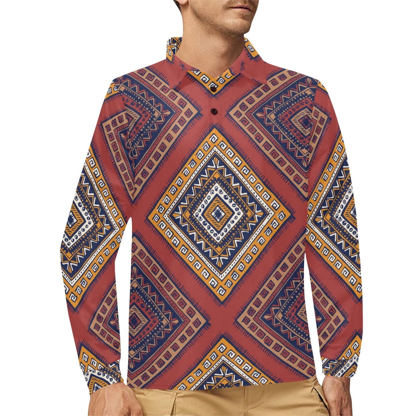 Native Pattern Print Design A06 Long Sleeve Polo Shirt For Men's