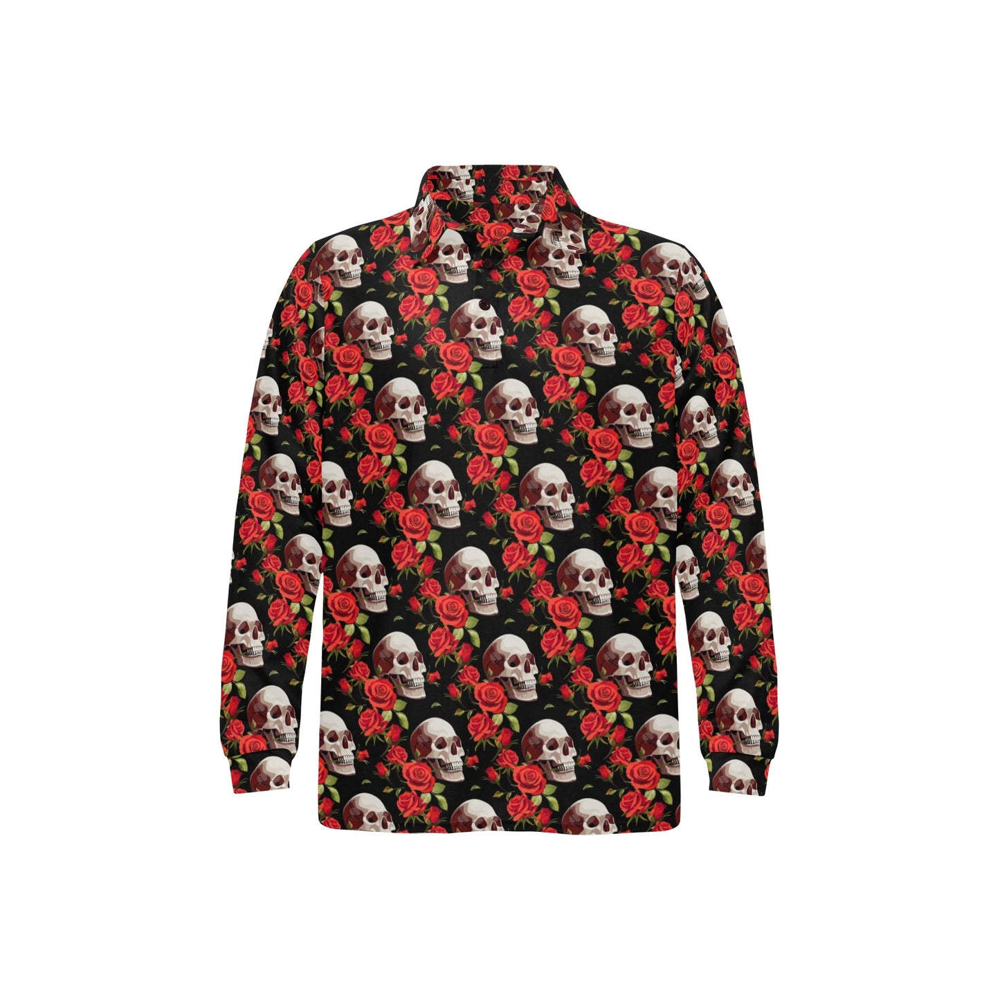 Red Rose Skull Design Print Long Sleeve Polo Shirt For Men's