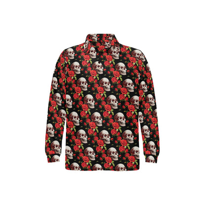 Red Rose Skull Design Print Long Sleeve Polo Shirt For Men's