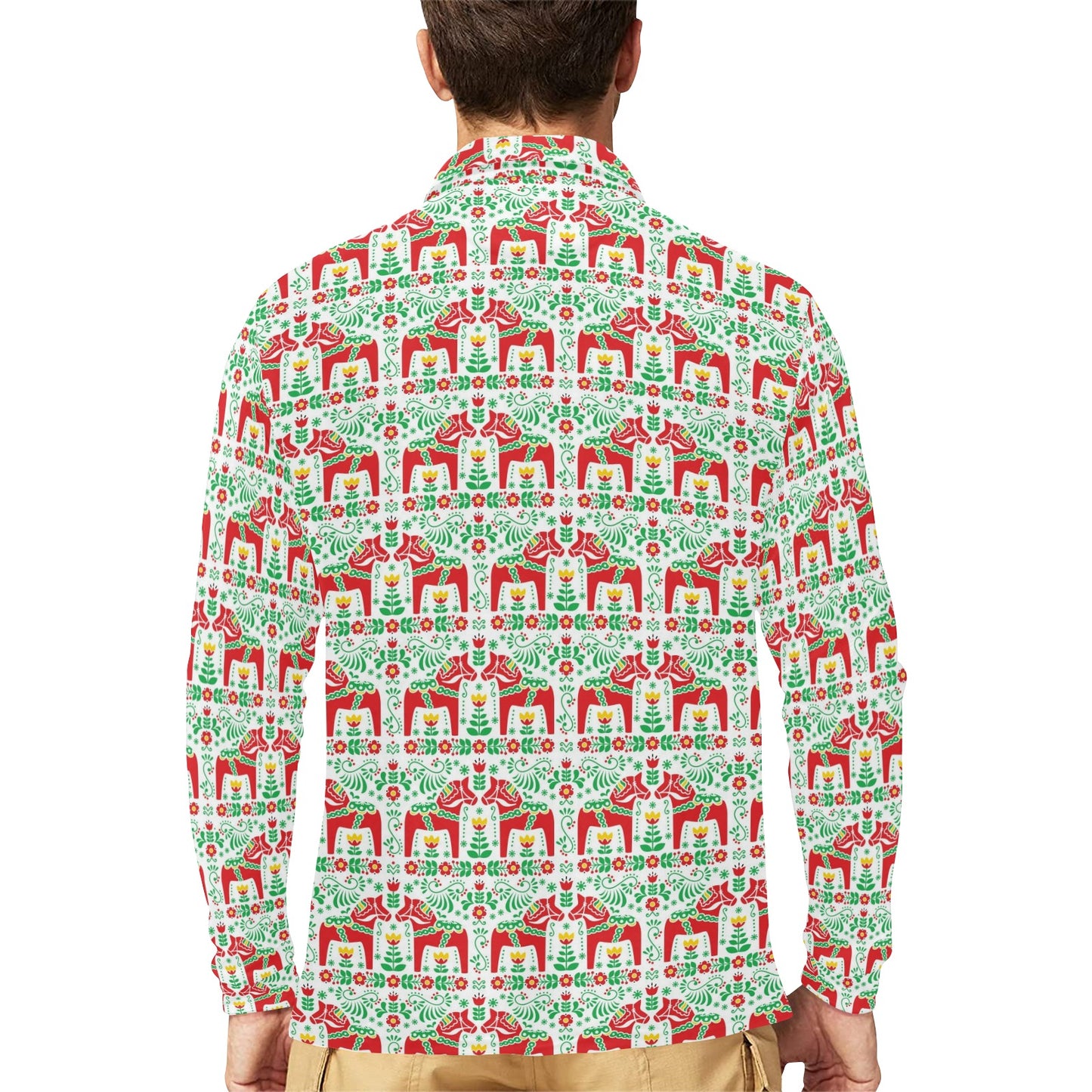 Swedish Dala Style Pattern Long Sleeve Polo Shirt For Men's