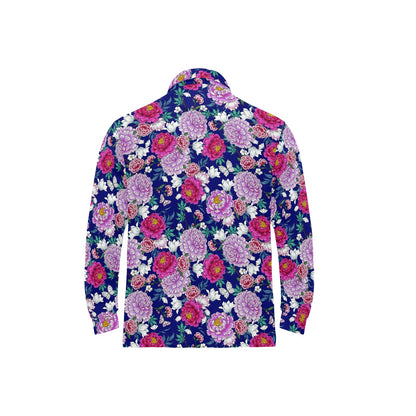 Dahlia Pattern Print Design DH013 Long Sleeve Polo Shirt For Men's