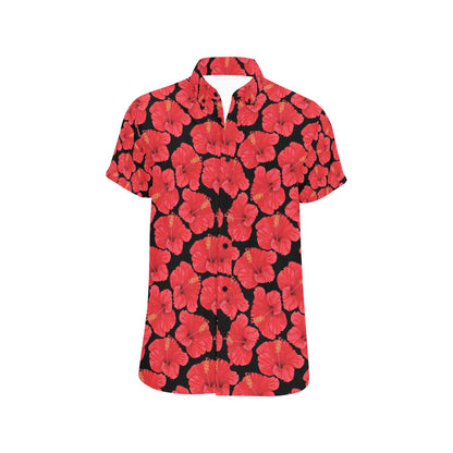 Hibiscus Red Pattern Print Design LKS306 Men Short Sleeve Button Up Shirt