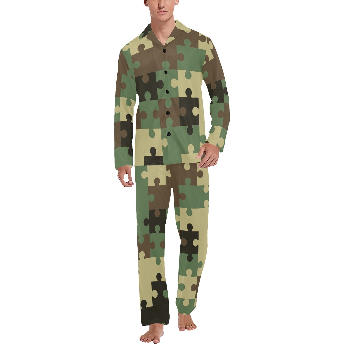 Puzzle Camo Pattern Print Design A03 Men's Long Pajama Set