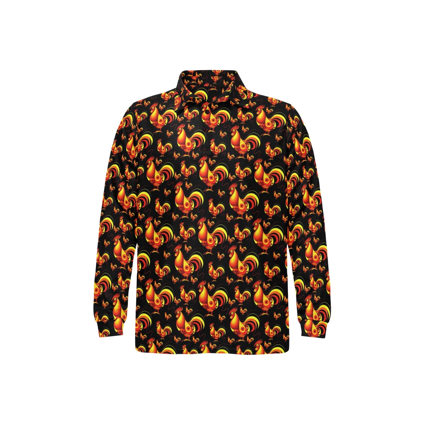 Rooster Print Themed Long Sleeve Polo Shirt For Men's