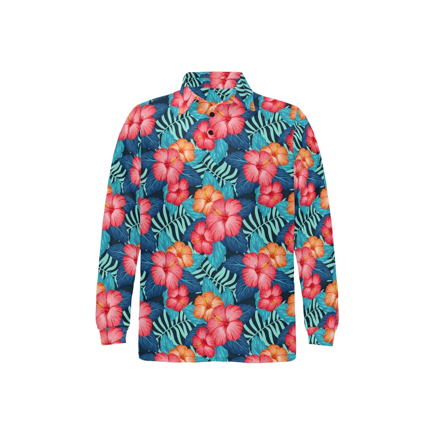 Red Hibiscus Pattern Print Design HB02 Long Sleeve Polo Shirt For Men's