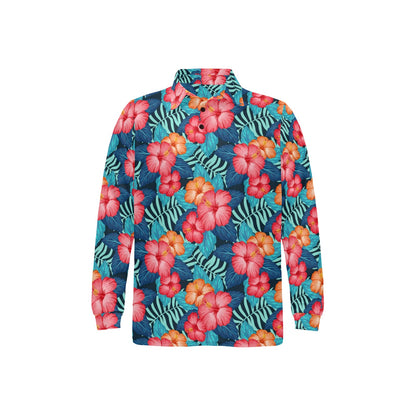 Red Hibiscus Pattern Print Design HB02 Long Sleeve Polo Shirt For Men's