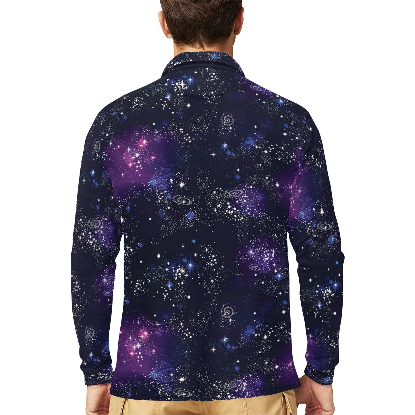 Cosmic Pattern Print Design 03 Long Sleeve Polo Shirt For Men's