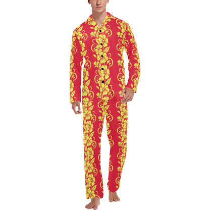 Orange Hibiscus Pattern Print Design HB018 Men's Long Pajama Set