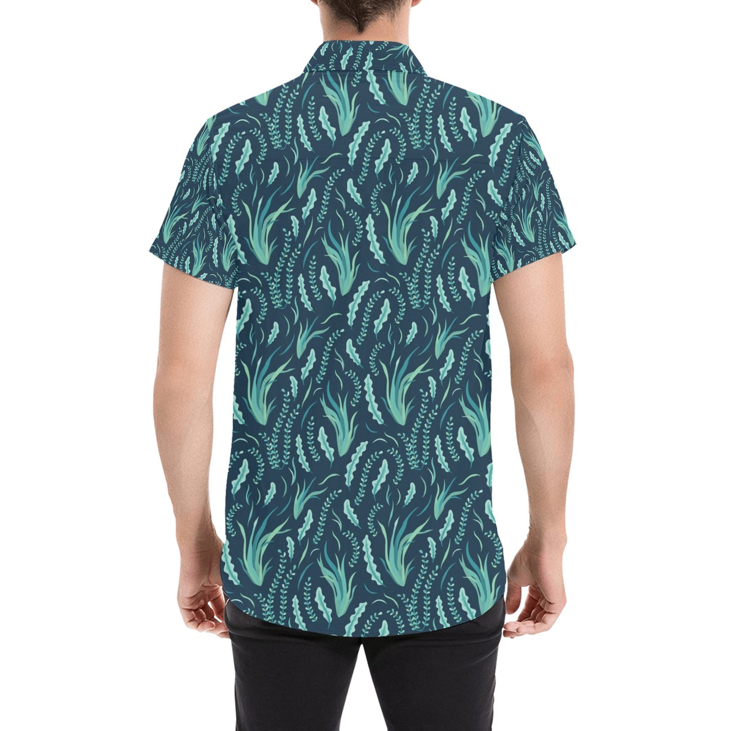Seaweed Print Design LKS302 Men Short Sleeve Button Up Shirt