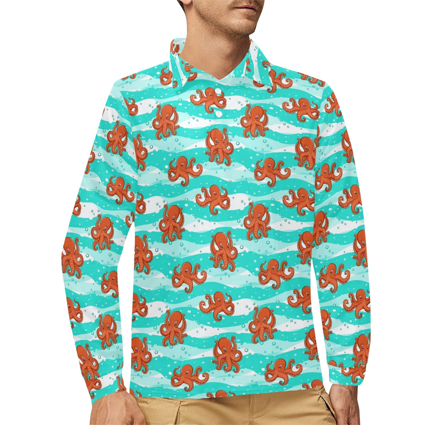 Octopus Cute Design Print Themed Long Sleeve Polo Shirt For Men's