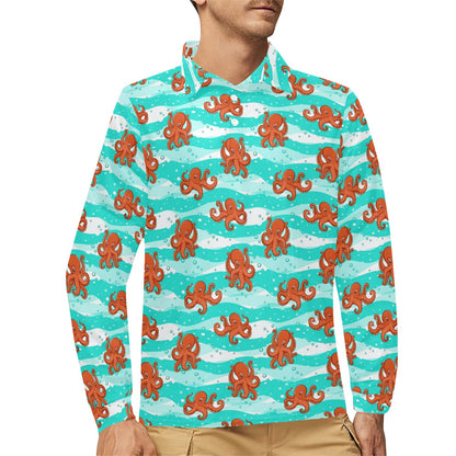 Octopus Cute Design Print Themed Long Sleeve Polo Shirt For Men's