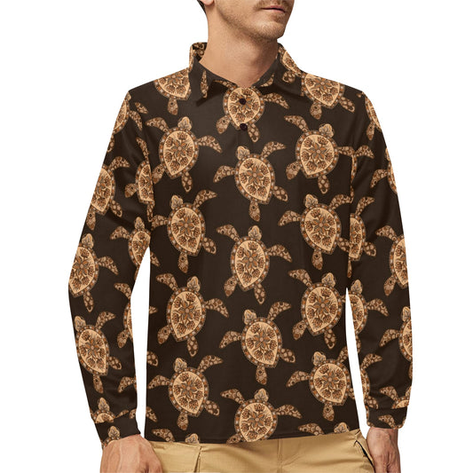 Tribal Sea Turtle Pattern Print Design T09 Long Sleeve Polo Shirt For Men's