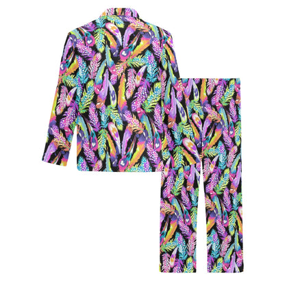 Neon Feather Pattern Print Design A02 Men's Long Pajama Set