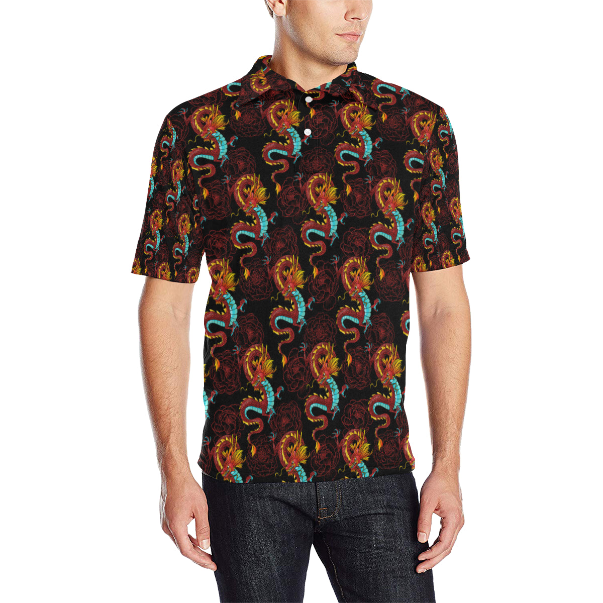 Chinese Dragons and Peonies Design Men Polo Shirt