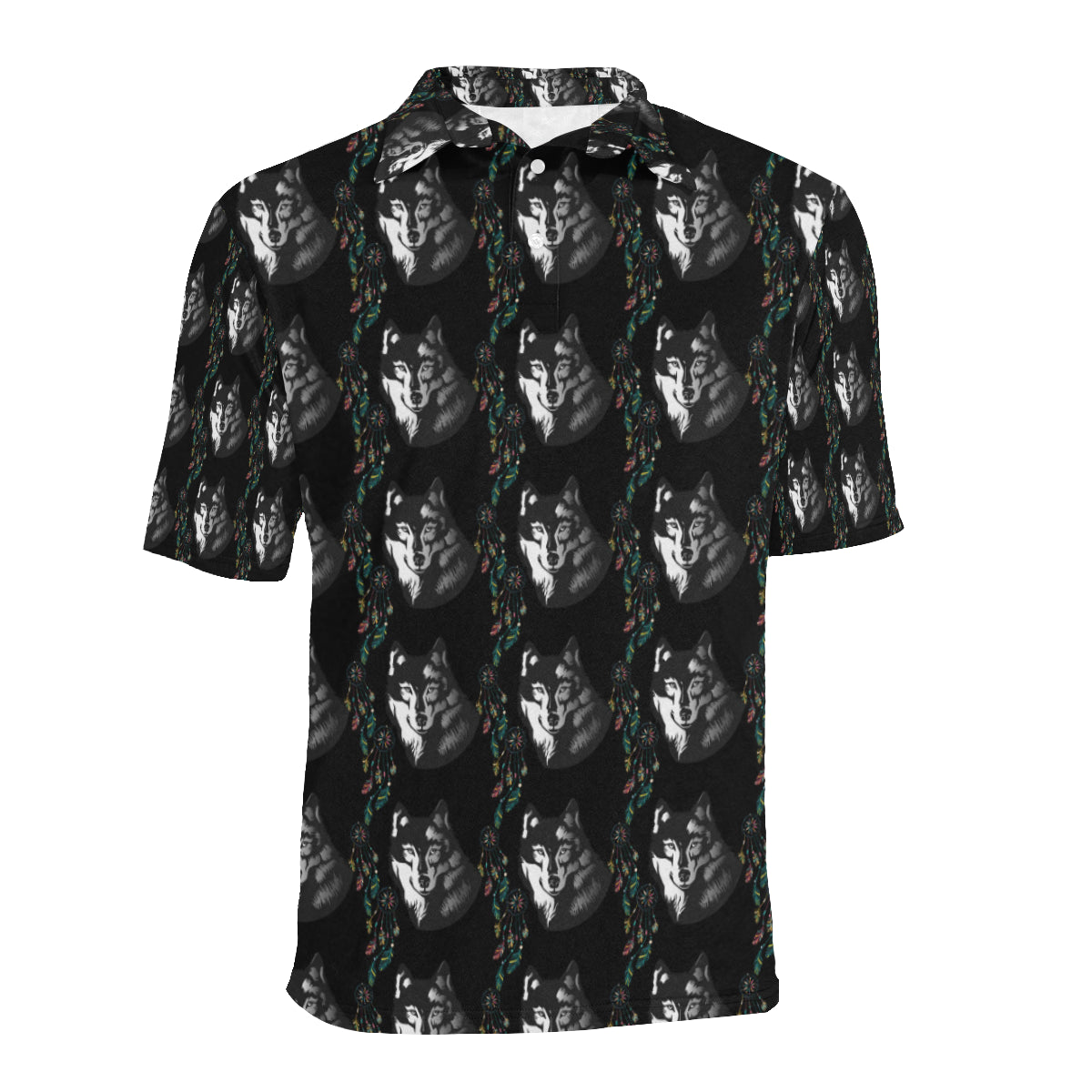 Wolf Black Dream Catcher Design Print Men Polo Shirt