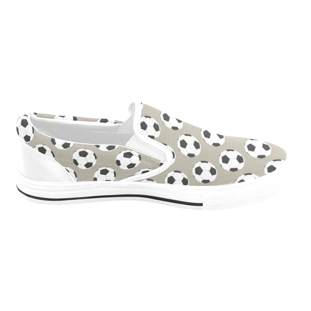 Soccer Ball Print Design LKS302 White Slip Ons Canvas Women's Shoes