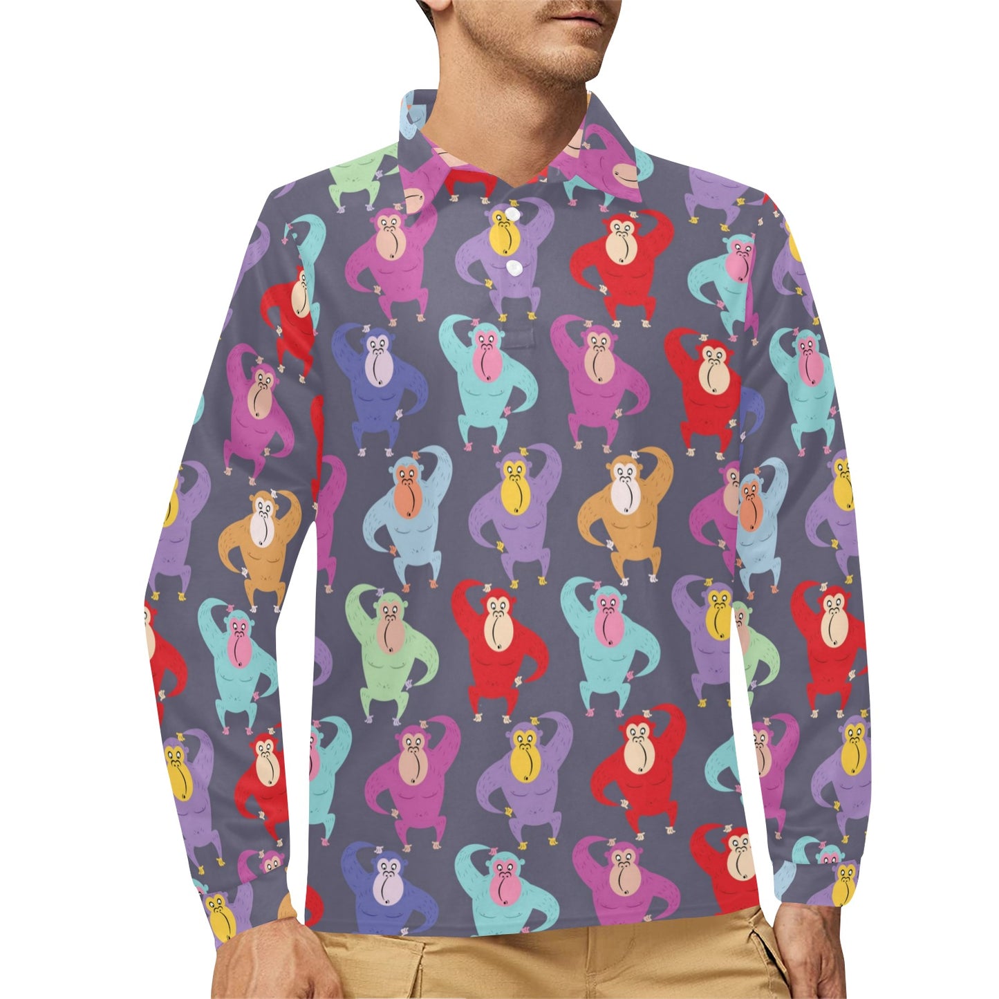 Chimpanzee Pattern Print Design 03 Long Sleeve Polo Shirt For Men's