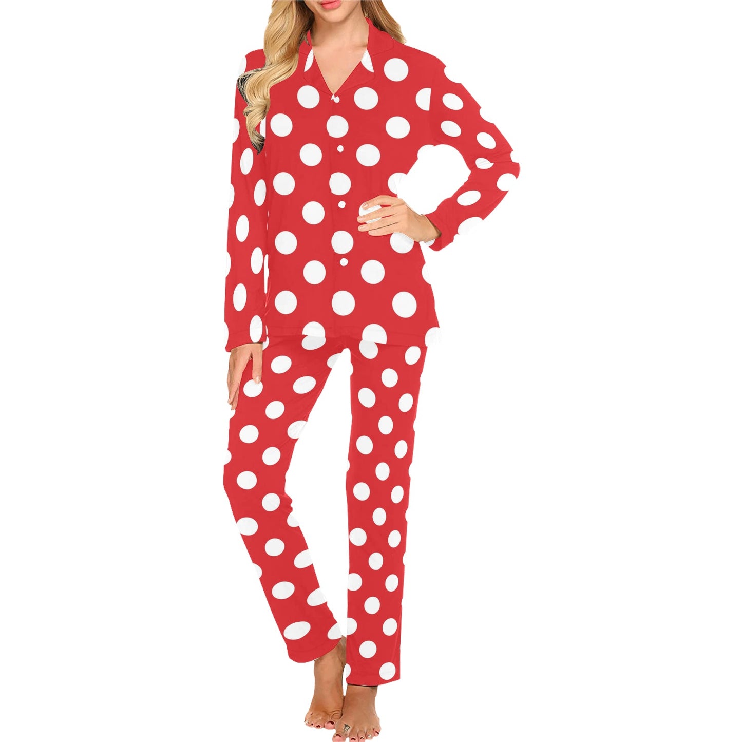 Polka Dot Red Pattern Print Design 04 Women's Long Pajama Set