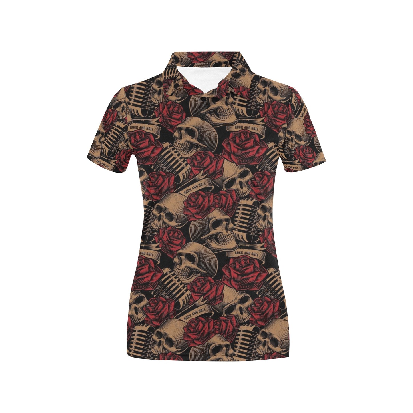 Microphone Skull Rose Pattern Print Design 02 Women's Polo Shirt