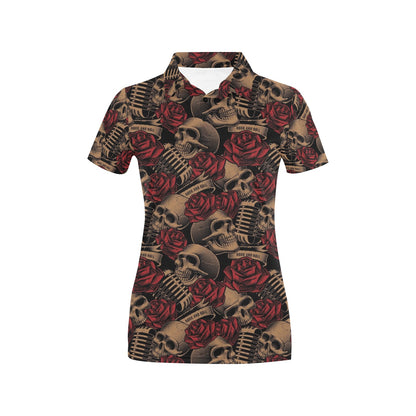 Microphone Skull Rose Pattern Print Design 02 Women's Polo Shirt