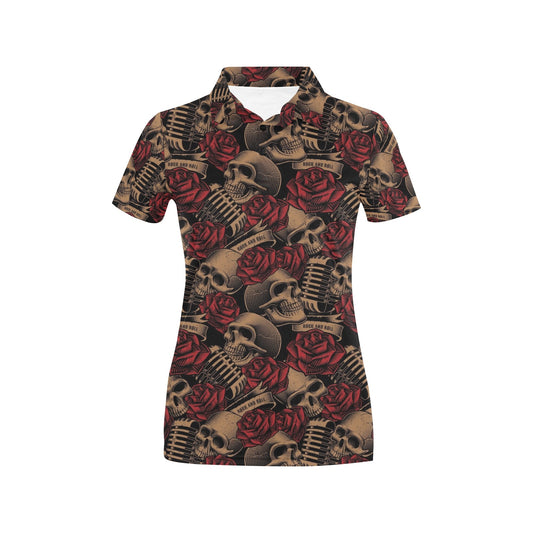 Microphone Skull Rose Pattern Print Design 02 Women's Polo Shirt