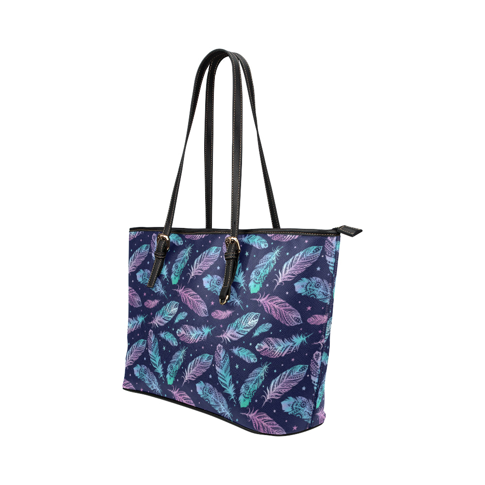 Feather Aztec Design Print Leather Tote Bag