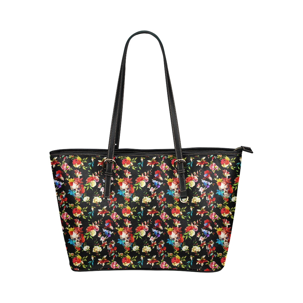 Skull Roses Flower Design Themed Print Leather Tote Bag
