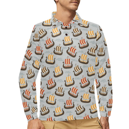 Vikings Print Design LKS308 Long Sleeve Polo Shirt For Men's