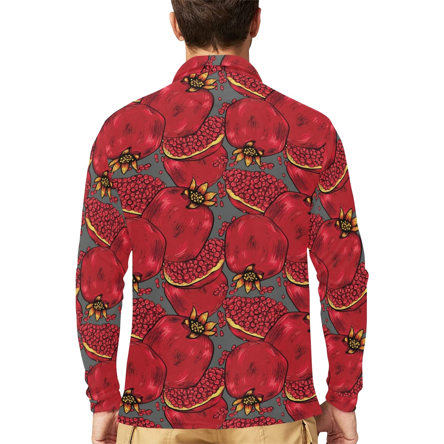 Pomegranate Pattern Print Design PG05 Long Sleeve Polo Shirt For Men's