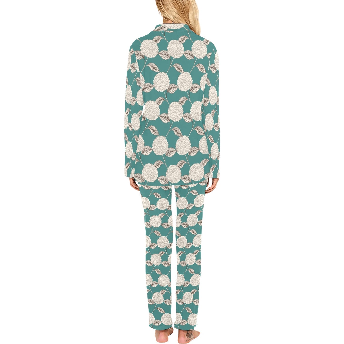 Hydrangea Pattern Print Design HD03 Women's Long Pajama Set