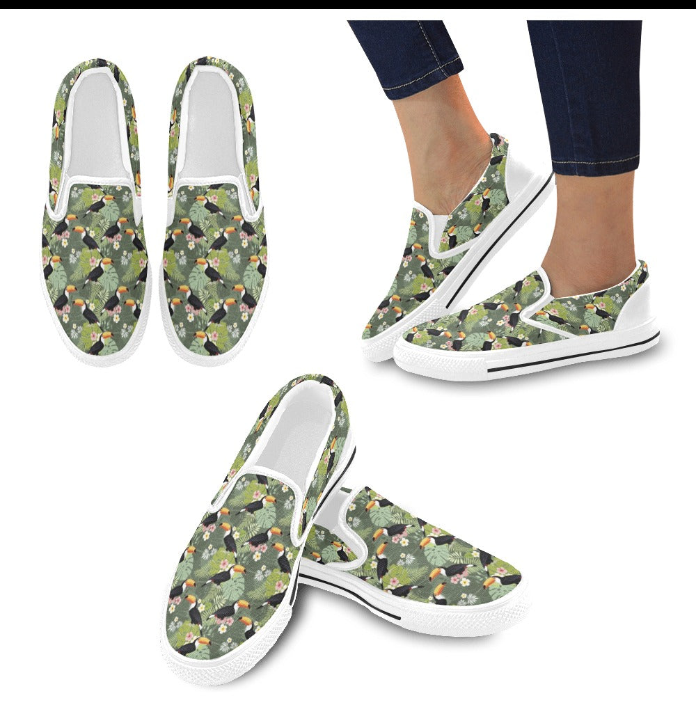 Toucan Print Design LKS304 White Slip Ons Canvas Women's Shoes