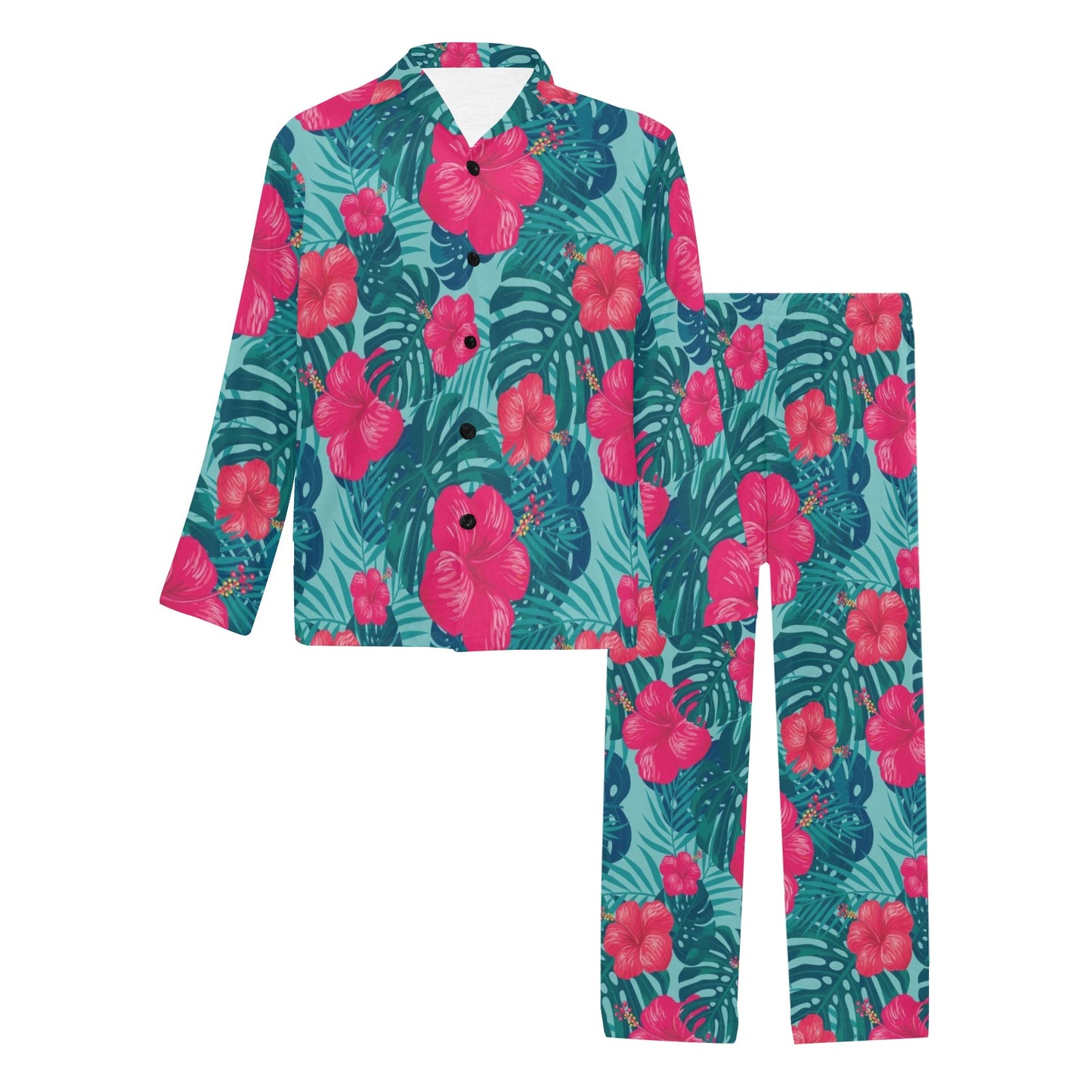 Red Hibiscus Pattern Print Design HB017 Men's Long Pajama Set