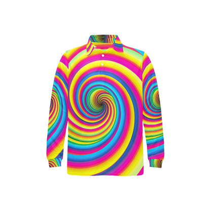Vortex Twist Swirl Rainbow Design Long Sleeve Polo Shirt For Men's